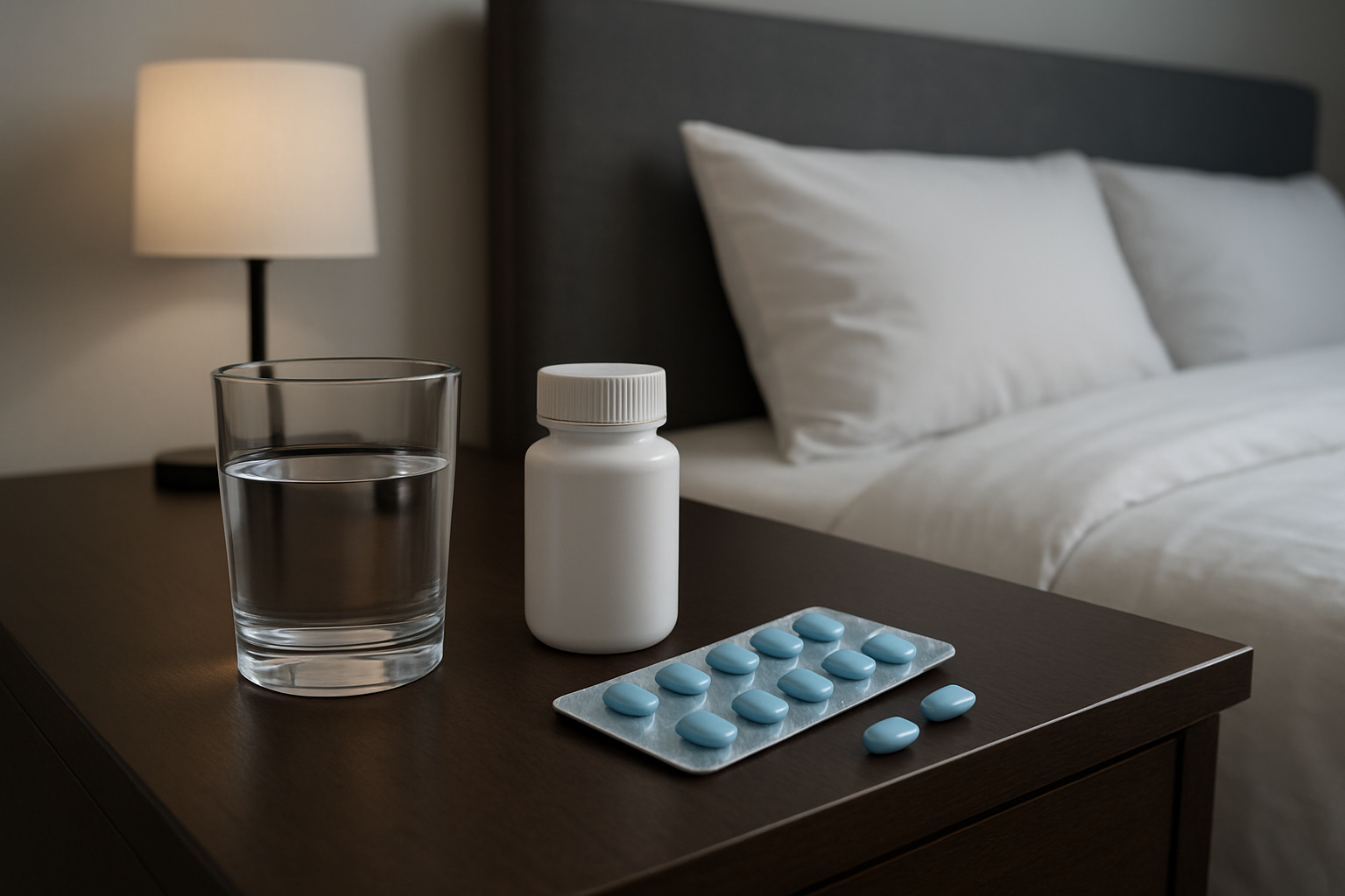 A bedside table with a glass of water, a bottle of pills, and a strip of blue tablets, set against a neutral-toned bedro