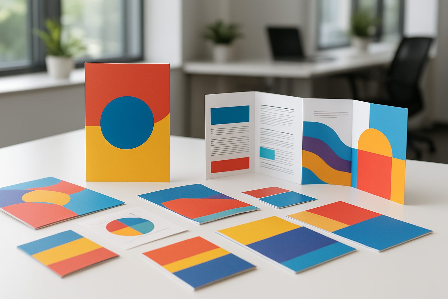 A collection of creatively designed printed materials featuring vibrant geometric patterns in various colors on a table.
